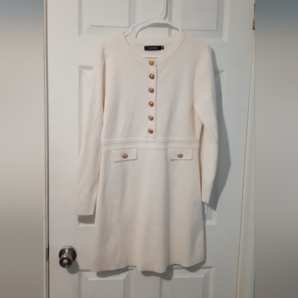 Nenona Cream Long-Sleeve Button-Front A-Line Dress